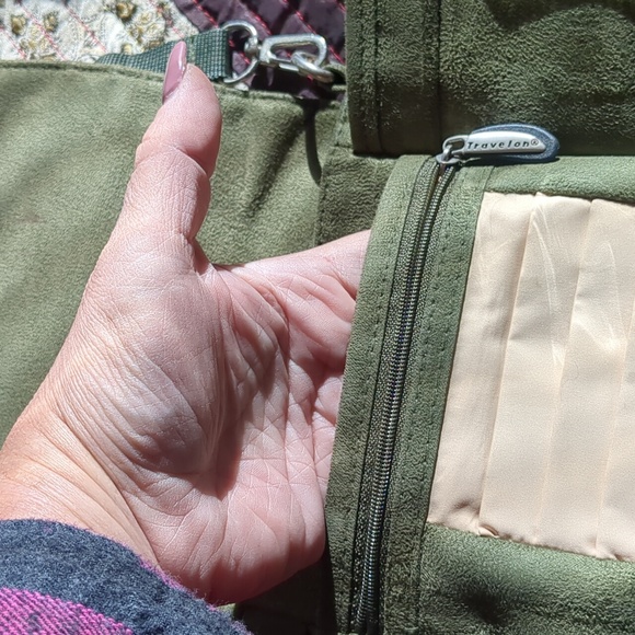 TRAVELON* faux suede sage green crossbody/belt bag w/adj. straps, pouches - Picture 9 of 16